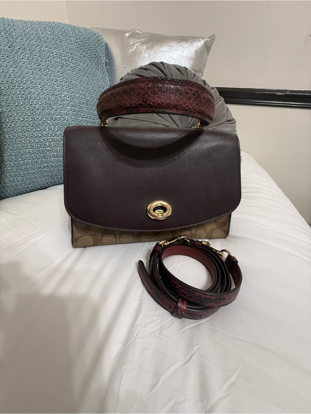 Coach Two-Tone Burgundy Leather & Signature Canvas Top-Handle Satchel